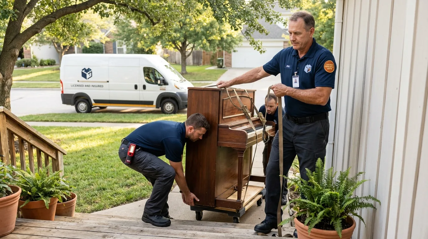 Licensed piano movers securing grand piano in Auburn, IL