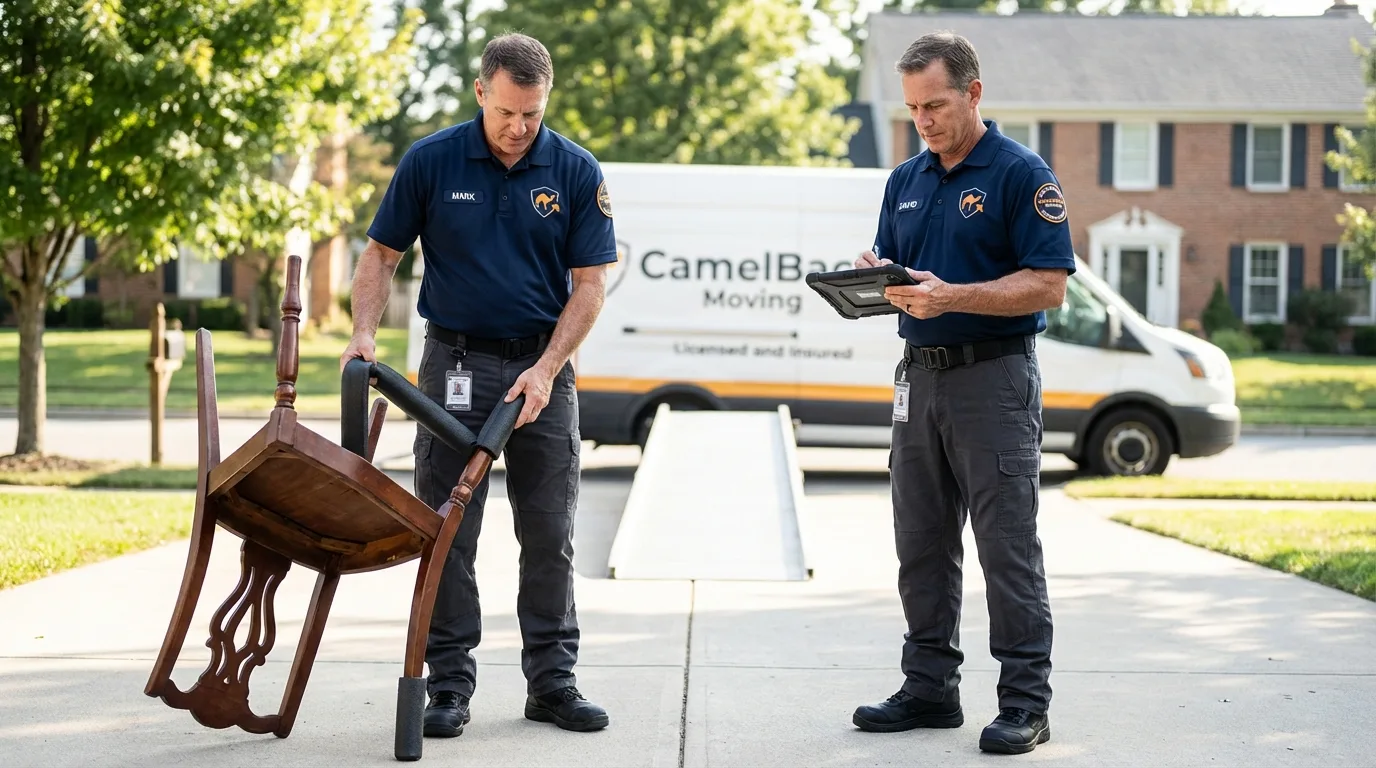 Movers inspecting furniture for damage prevention before loading in Auburn, IL