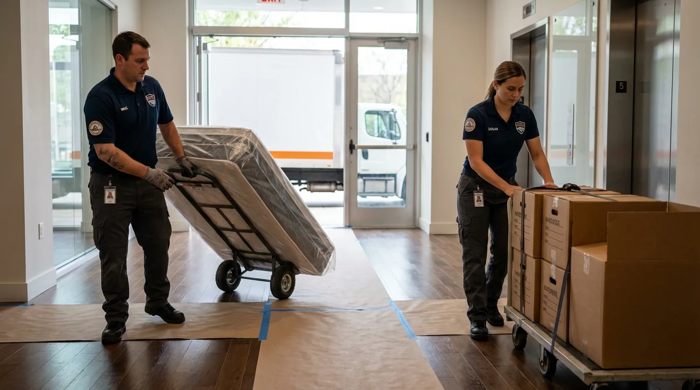 Professional apartment movers loading elevator in Auburn, IL